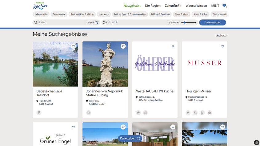 Website von Kostbare Region: Suchergebnisse mit Ausflugszielen und Betrieben
